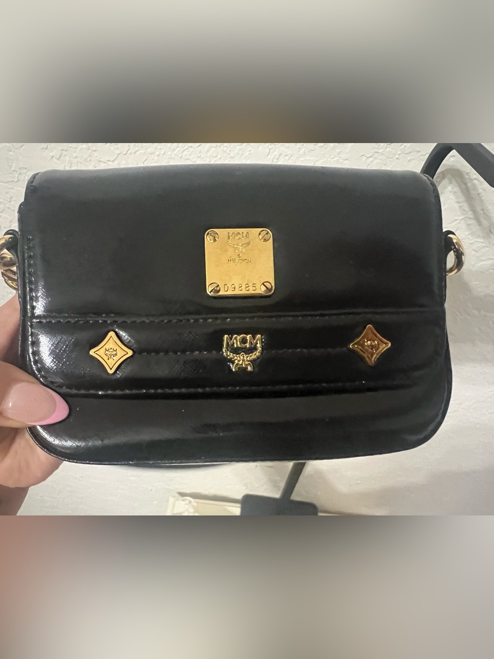 MCM Black Leather Shoulder Bag with Gold Plaque and Studs